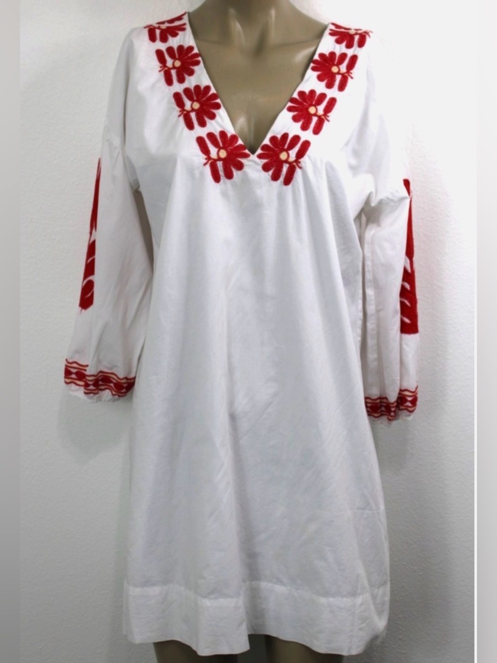 Madewell White Tunic Dress with Red Floral Embroidery, XS